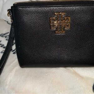Tory Burch Black Leather Wristlet with Gold Logo